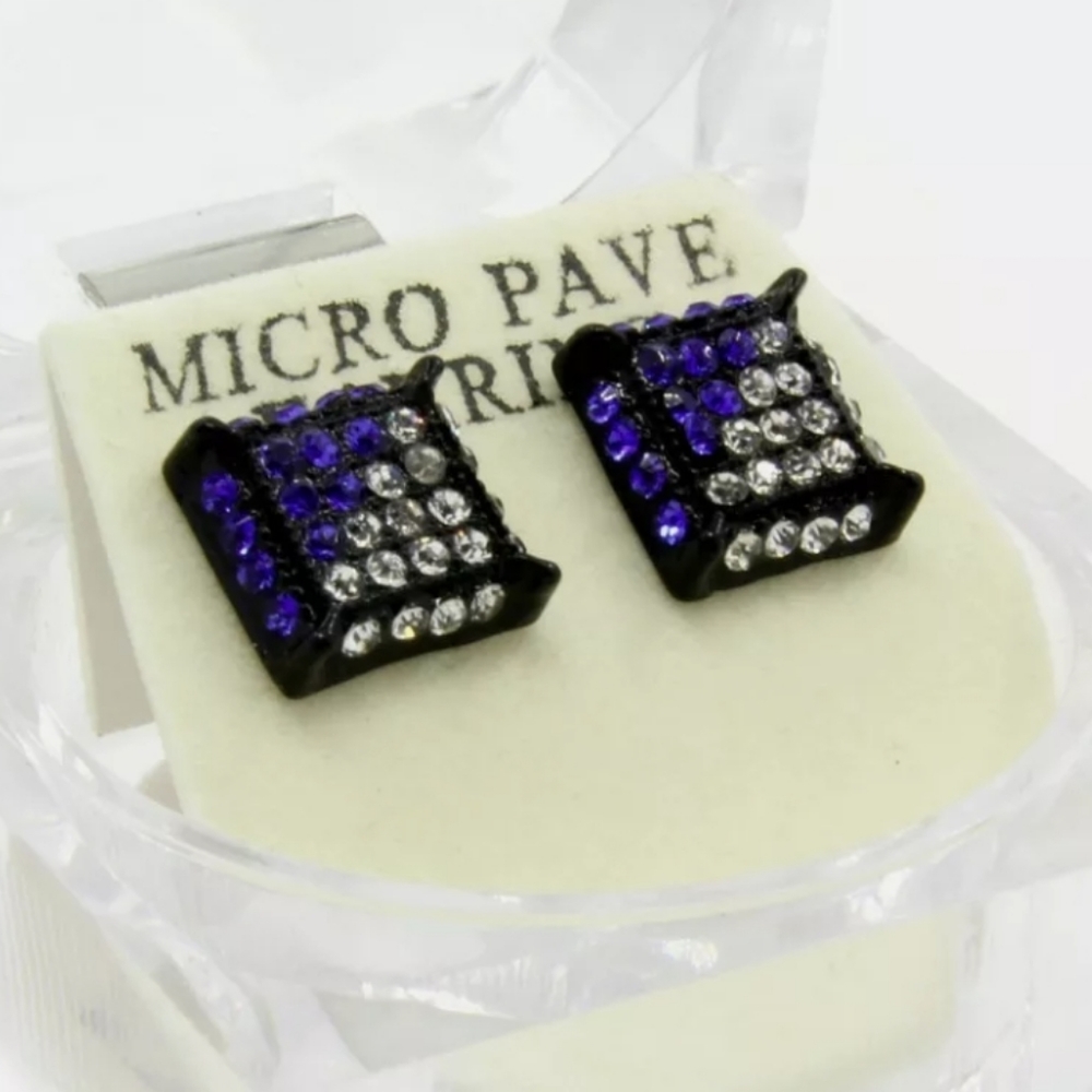 New-Men, Black & Blue Cz Cube,Micro Pave, Stud Ear